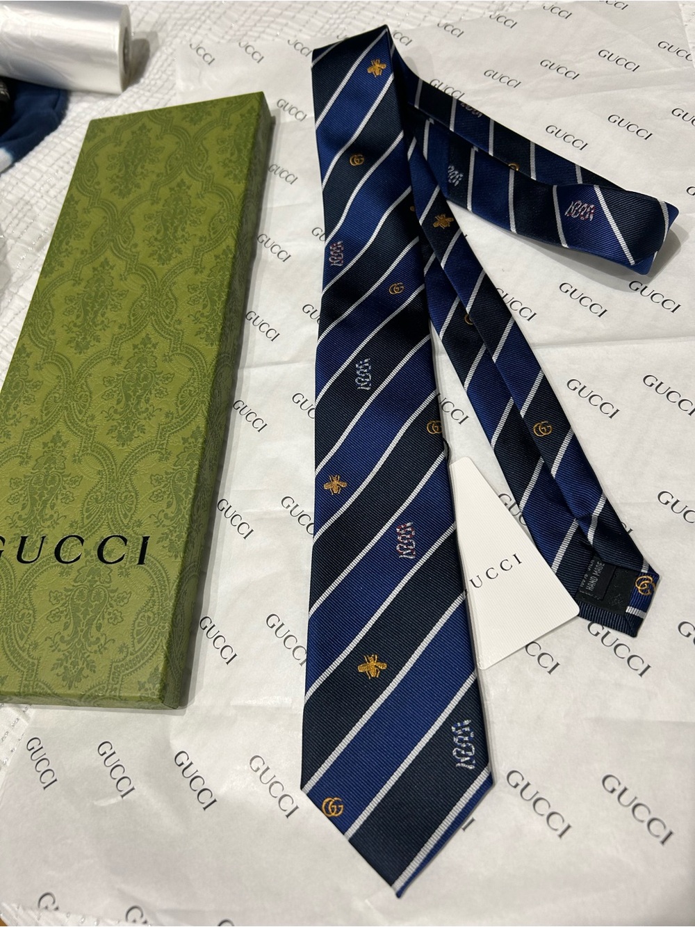 Gucci Blue Striped Silk Tie with Signature Motifs